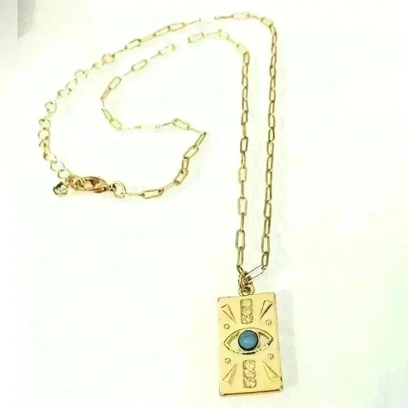 Rectangle Eye Necklace Faux Gold, Small Turquoise Colored Stone, Faux Diamonds - Picture 1 of 5